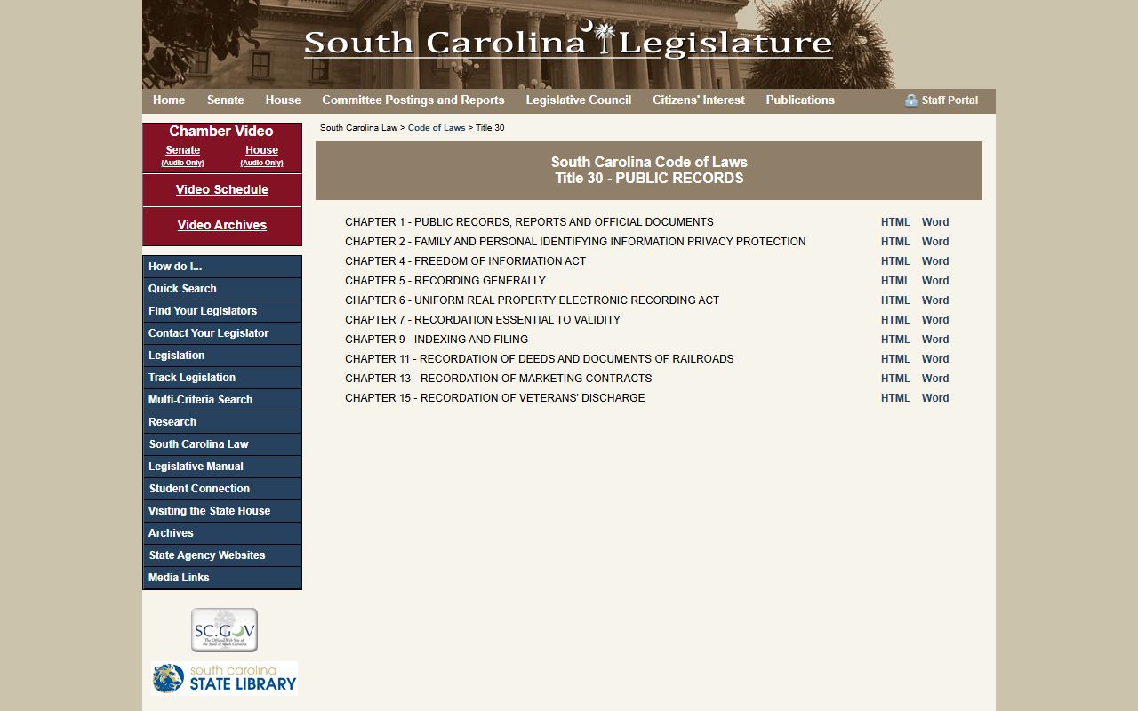 South Carolina Code of Laws Title 30 governing public records access