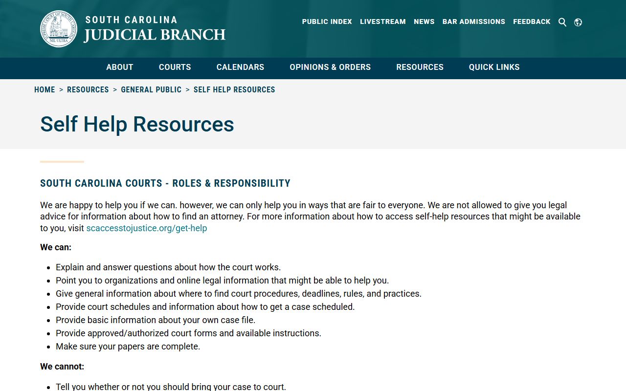 South Carolina Judicial Branch self-help resources for civil court cases