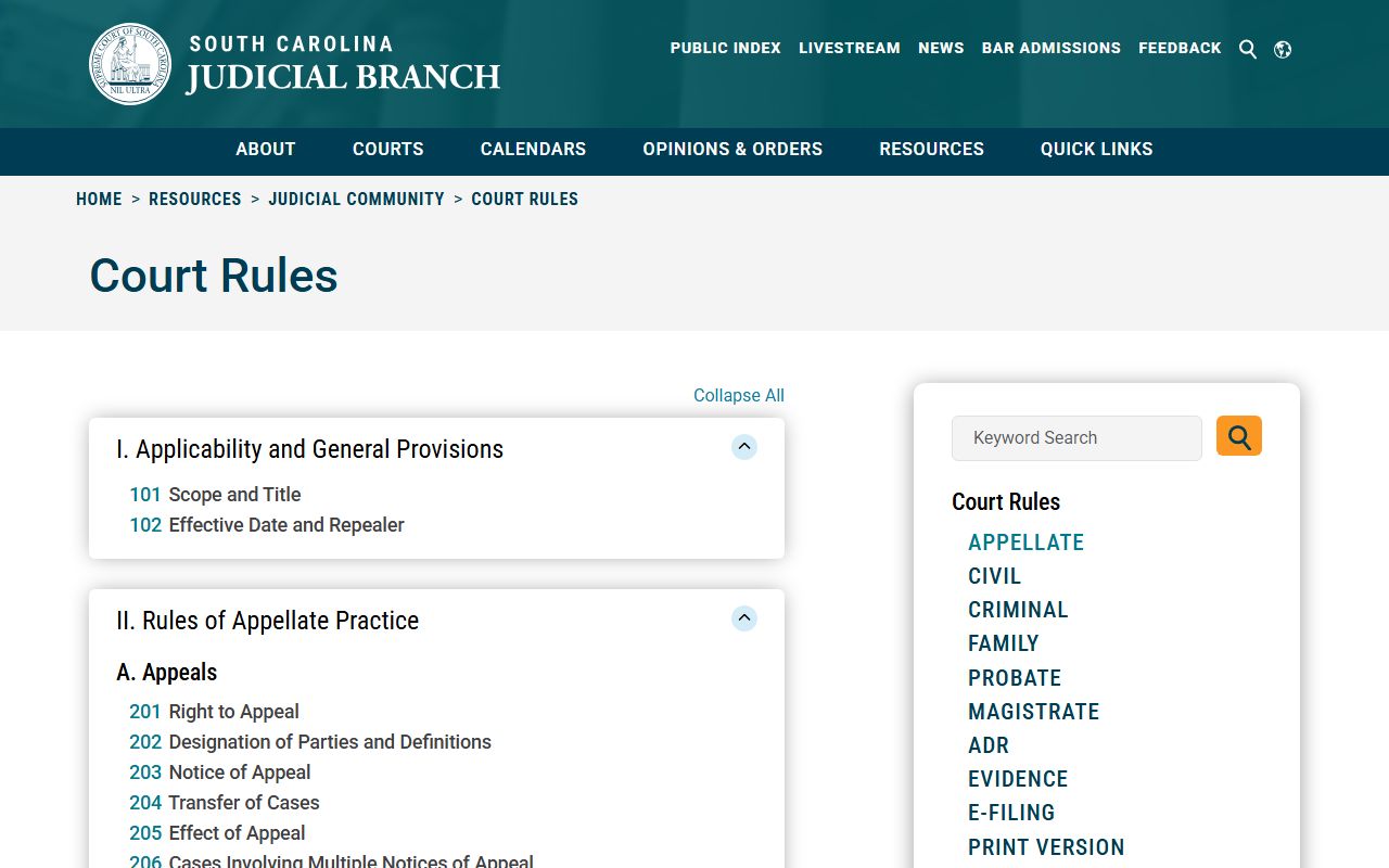 South Carolina Court Rules page showing rules of civil procedure
