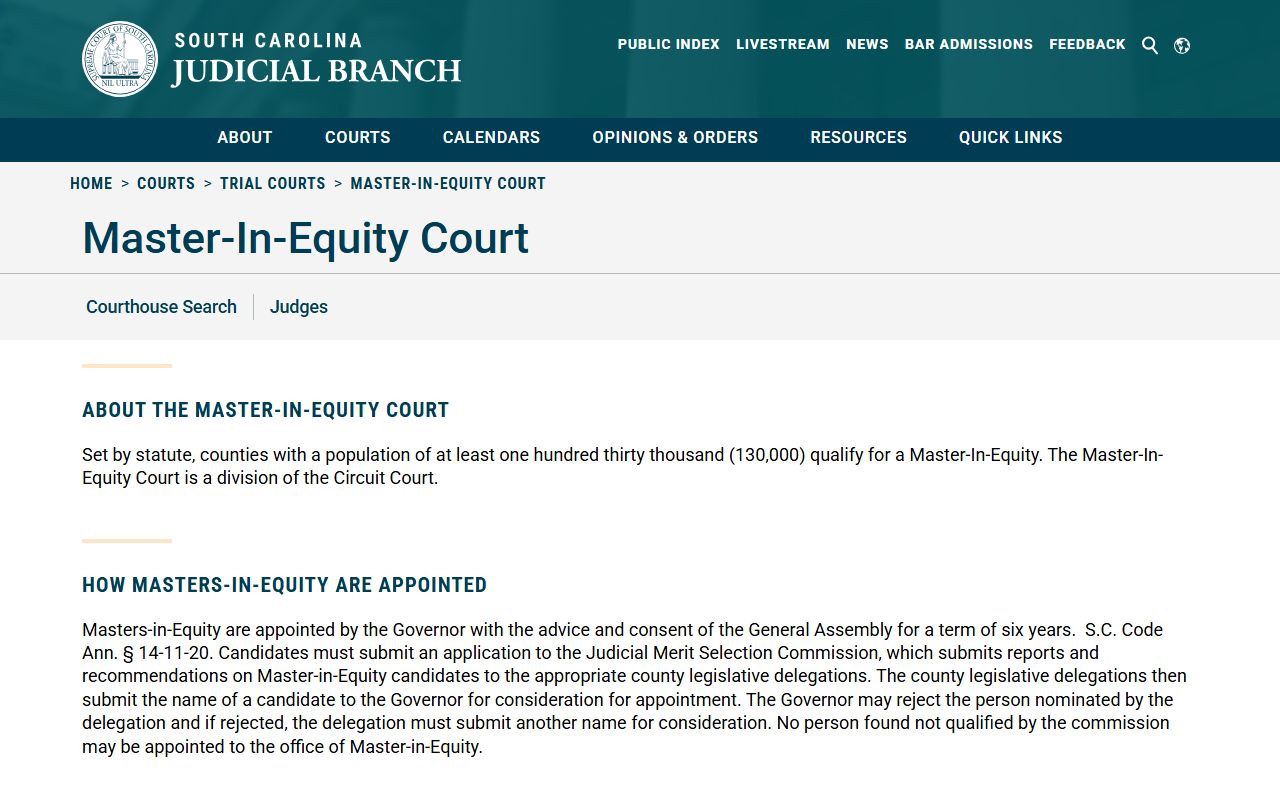 South Carolina Master-In-Equity Court page covering civil foreclosure records