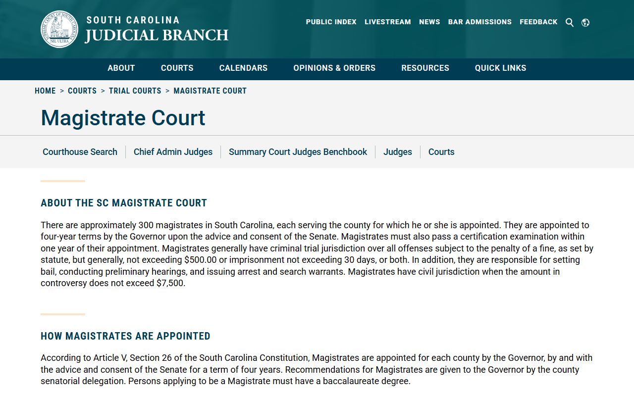 South Carolina Magistrate Court information page showing small claims civil jurisdiction