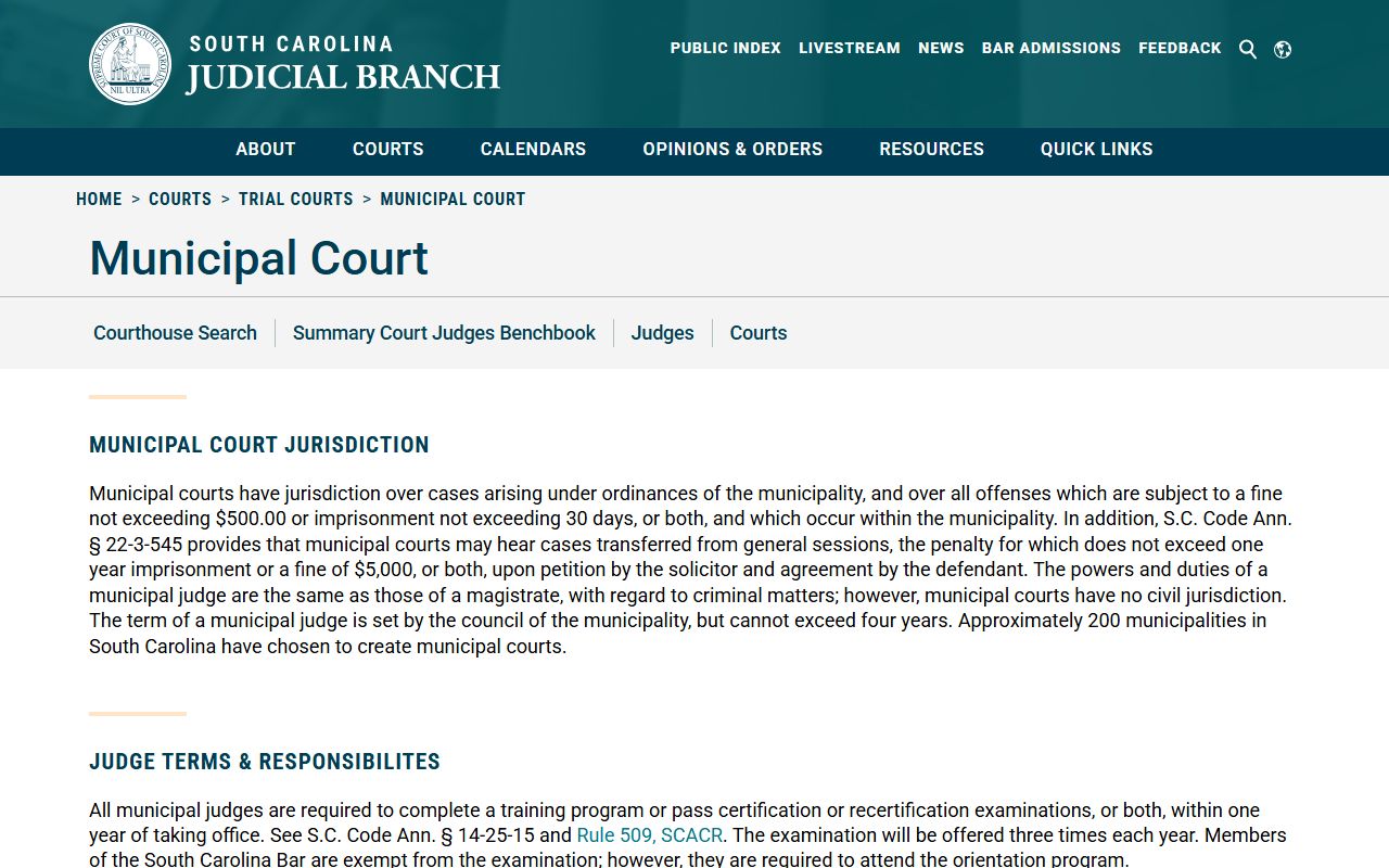 South Carolina Municipal Court information showing no civil jurisdiction