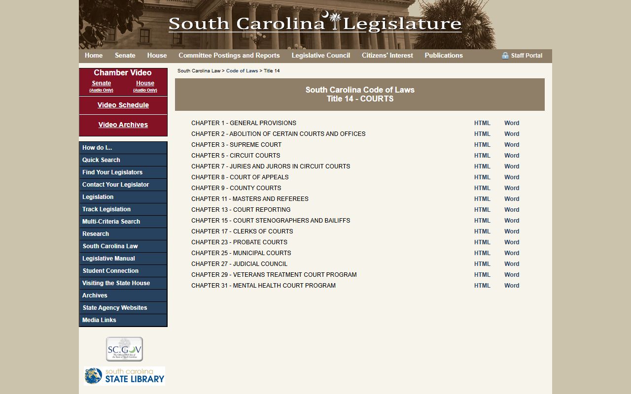 South Carolina Code of Laws Title 14 governing courts and civil court records