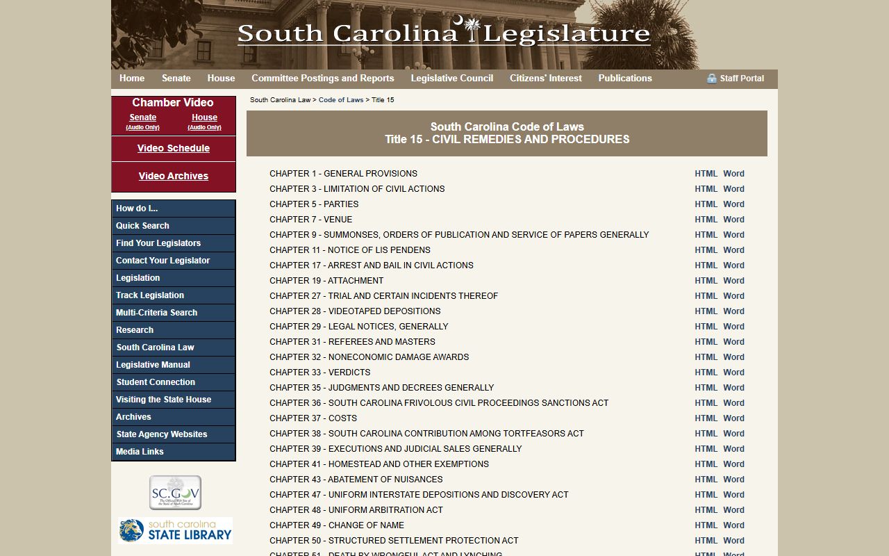 South Carolina Code of Laws Title 15 governing civil procedures and remedies